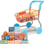 Casdon Shopping Trolley (height 50cm) + pretend food cartons & cans