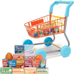 Casdon Shopping Trolley (height 50cm) + pretend food cartons & cans