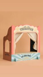 Tabletop Puppet Wooden Theatre - with show curtains, a ticket booth window, a chalkboard showtime board and elegant gold-painted details
