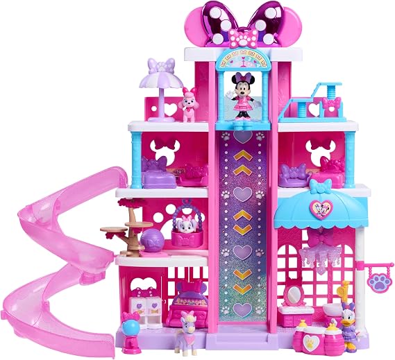 Disney Minnie Mouse Pet Hotel Playset - Press the heart button to experience rainbow lights, sounds.